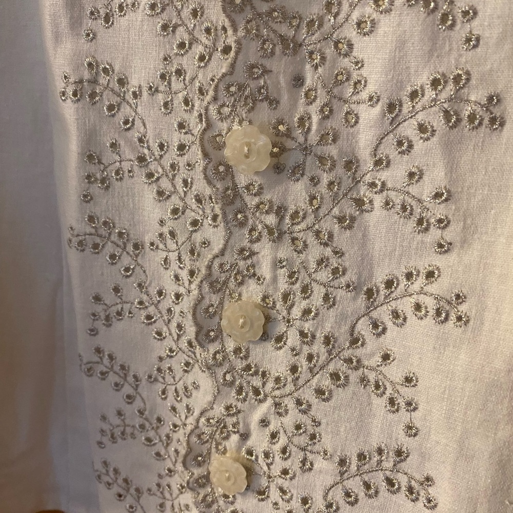 SUSAN GRAVER STYLE White Silver Metallic Eyelet Jacket Blazer Linen Blend Medium - Picture 2 of 8